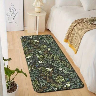 1pc Black & Green Plant Kitchen Rug, Anti-Fatigue Plant Leaf Kitchen Mat, Kitchen Carpet, Kitchen Mat, Kitchen Rug, Doormat, Small Rug, Carpet, Runner, Floor Mat, Home Decor, Area Rug, Outdoor Mat, Home Decor, Area Carpet, Bedroom Carpet, Washable Rug
