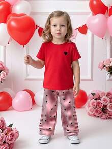 两件套女童红色圆领刺绣黑色爱心短袖T恤，搭配松紧腰条纹爱心印花阔腿裤，适合情人节、节日、日常休闲穿着。 - 紅色 - 查看 11