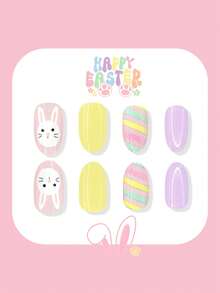 24套复活节主题椭圆形美甲贴纸，采用柔和的彩色条纹和圆点图案，可爱的兔子造型，光滑表面，全覆盖式人造指甲，可爱的小兔子图案，适合日常佩戴。椭圆形假指甲，适合女性在节日和派对等场合使用。 - 彩色 - 查看 2
