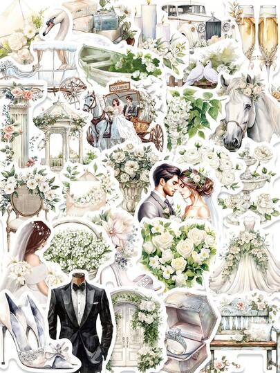 50张婚礼贴纸，适用于剪贴簿、情侣周年纪念、婚礼等场合，自粘式新娘用品，可贴在手机、水瓶、笔记本电脑、计划本、派对礼品、婚礼季、情人节等场合，送给爱人的理想礼物。