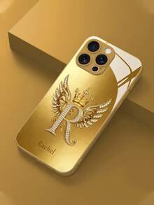 1pc Customized Diamond 26 Letter DIY Name, Fashion High-End Crown Wing Design, TPU Soft Edge + Back Tempered Glass Material Phone Case Compatible With Samsung S24 Ultra/S25 Ultra And Apple 17 ProMax/16 ProMax/15 Pro/14 Plus/13 Pro/12 Pro Max/11/Xs Max/8/7/6 Plus Phone Accessories,International Version, Not The Domestic Version - Gold - View 5
