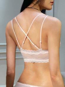女士粉色前扣式露背文胸，带衬垫蕾丝豹纹无钢圈提拉支撑文胸，适合小胸 - 粉色 - 查看 4