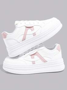 女士时尚厚底休闲运动鞋，百搭系带款，四季皆宜，白色休闲鞋 - 粉色 - 查看 3