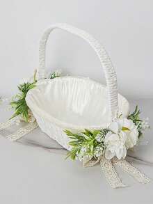 Large White Flower Girl Basket With Satin Ribbon Bow, Suitable For Flower Girl Use In Weddings - 1PC - View 4