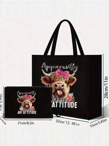 Conjunto de 2 peças: Bolsa de lona com estampa de vaca das Terras Altas e nécessaire combinando - Tecido impermeável e fácil de limpar, design com vários bolsos, ideal para compras, viagens, praia, presente para o Dia dos Professores, bolsa de linho de grande capacidade para mulheres, ótima para o trabalho, escola ou uso diário. - Multicolorido - Ver 4