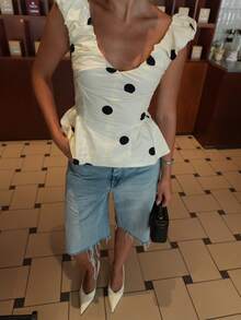 Women's Polka Dots Top Bubble Strap Sleeveless V Neck  Zip-Up Backless Elegant Shirt Ruffle Hem Going Out Blouse Top - trắng - Xem 2