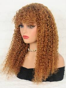 Tóc giả xoăn tự nhiên có mái, làm hoàn toàn bằng máy, không ren, không keo, màu vàng mật ong, độ dày 200%, dành cho nữ sử dụng hàng ngày. - S30 - Xem 2