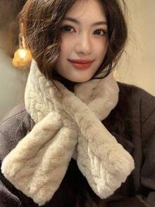 女士时尚柔软人造毛皮交叉围巾披肩，厚羊毛混纺保暖围脖披肩，适合秋冬季休闲穿着 - 彩色 - 查看 11