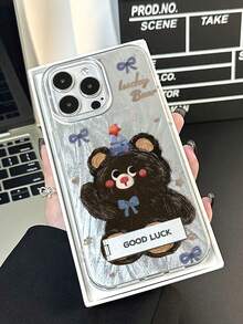 1pc Silver Feather Tulle Cute Cartoon Full Coverage Phone Case With Bow Tie Bear & 3D Metal Stand, Fit For IPhone 11/12/13/14/15/16/17/Pro Max - Silver - View 4