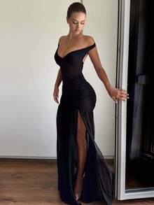 Elegant Off Shoulder Maxi Dress For Women, Ruched Mesh Sheer Draped High Split Bodycon Evening Gown Wedding Black Spring Party - Black - View 8