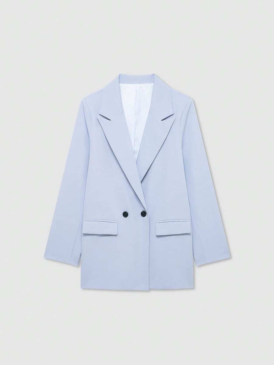 Old Money 女士宽松双排扣翻领休闲西装外套，纯色长袖，简约时尚，适合春/秋/冬季穿着。 - 淺藍色 - 查看 1