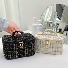 Bolsa Cosmética com Zíper Xadrez na Moda - Organizador de Maquiagem Leve e Portátil, Ideal para Viagens de Mulheres - Multicolorido - Visão 6