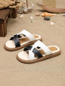 1 par vita strandsandaler för småbarn, halkfri gummisandaler med mjuk botten, svart kontrastfärg, rund tå, lämplig för pojkar 3-15 år, vardags- och fritidsskor, skolor, strand, utomhus, fest, vår/sommar 2026 ny - Svart och Vitt - Visa 5