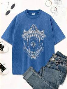 Stonewashed Streetwear T-Shirt With Mouth And Eyes, Dark Gothic, Women's, Emo, Gothic Fans, Street Fashion, Urban Culture, Unisex, Men's And Women's, 100% Cotton, Top Premium Streetwear, New Release, Immediate Shipping, Various Colors!! - 藍色 - 查看 1