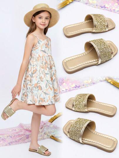 1 Pair Glittery Gold Rhinestone Butterfly Decor Toddler/Little Girls' Open Toe Fashion Beach Slippers, Non-Slip Rubber Soft PU Sole, Suitable For 3-15 Years Old Girls, Daily Casual, Travel, Party, Spring/Summer 2026