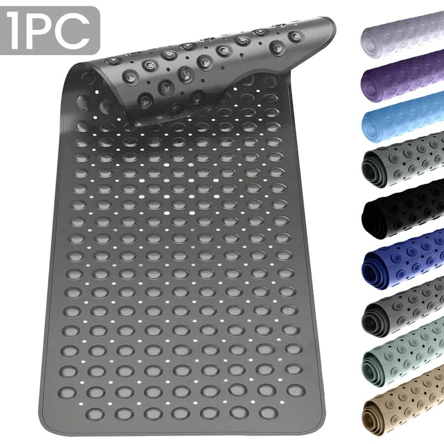 1pc Bath Mat - Lux Decor Non-Slip Durable PVC Tub Mat With Suction Cups And Drainage Holes - 40x16 Inches- For Shower And Bathtub Comfort, Roll-Up Storage, Home Decor, Back To School, Graduation Gifts-, Spring Cleaning Upgrade, Valentine's Day Spa Feel, Safety First, Quick Dry Surface, Mold Resistant, Easy Clean, Comfortable Standing, Shower Essential, Bathtub Safety, Bathroom Upgrade, Daily Use Mat, Home Basic, Family Use, Everyday Living - Xám - Xem 1
