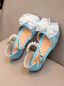 Girls School Flat Sandals Bow Color Diamond Pearl Toddler Princess Sandals - Blue - View 6