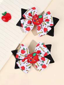 مجموعة من 2 قطعة من مشابك الشعر المزينة بالريبون والطباعة على شكل قلم وكتاب للبنات، إكسسوارات شعر للطالبات - متعدد الألوان - مشاهدة 13