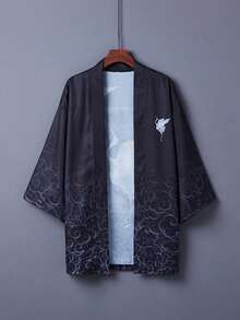 Retro Chinese Style Improved Hanfu Feather Crane Print Kimono Cover Up, Loose Fit Fashionable Summer Outerwear - Black - View 2