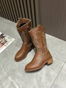 Kids Western Embroidered Cowboy Boots, New Simple Style Boys/Girls Boots, Retro Mid-Calf Versatile Riding Boots, Suitable For All Seasons - Brown - View 12