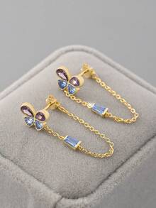 1 par de pendientes de mariposa con borlas de cristal azul y morado de plata de ley 925, diseño único de ganchos para la oreja - pendiente único - Ver 3