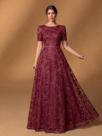 Faeriesty Elegant A-Line Dress In Burgundy, Featuring Pearl Embroidery And Sequin Accents, Round Neck Short Sleeves, Waist Tie, Suitable For Wedding Guests, Formal Dinners, Galas, Garden Parties