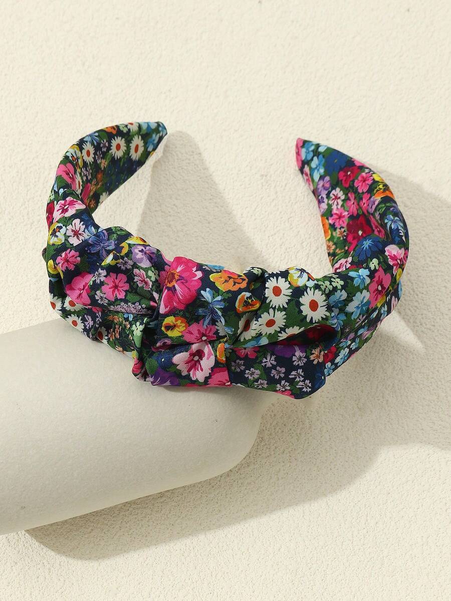 1pc Women's Fashion Floral Print Knotted Pleated Fabric Headband, Suitable For Daily, Bohemian, Festival, Party Wear In Spring/Summer Hairband - Multicolor - View 1