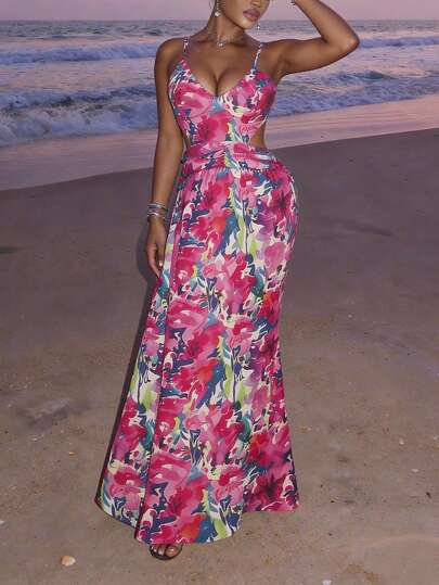 女士优雅粉色印花长裙，吊带V领露腰设计，夏季热门款，适合夏季海滩度假派对