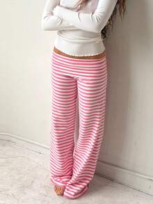 Women Y2k Low Waist Loose Fit Trousers Cute Striped Wide Flare Leg Pants Stretchy Folds Over Lounge Home Sweatpants - 粉色 - 查看 5
