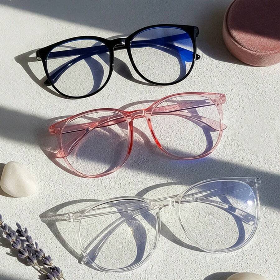 5pcs/4pcs/3pcs Women's Round Black, Transparent, Pink, Blue Large Frame Minimalist Clear Lens Glasses, Suitable For Campus Outfit, Holiday Gift - Black Powder Transparent - View 1