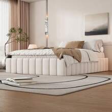 Upholstered Bed 140 X 200 Cm, Bed Frame, Single Bed, Double Bed, Designer Bed With Slatted Base (Without Mattress), Bed Frame, No Headboard, Minimalist Styling, Beige - White - View 3