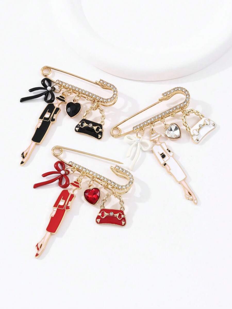 1件优雅女士金属心形、蝴蝶结、水滴形胸针，百搭包包/服装配饰 - 彩色 - 查看 1