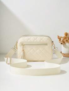 1 chiếc túi đeo chéo nữ kiểu dáng thường ngày, thiết kế 4 khóa kéo, màu trơn, họa tiết hình thoi thời trang cá tính, cầm tay/đeo vai thoải mái, dung tích lớn, phù hợp cho du lịch, mua sắm, đi làm. - Màu be - Xem 4