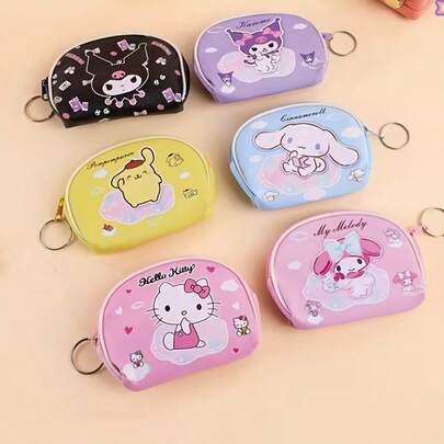 Sanrio 1 محفظة سحاب متعددة الشخصيات كيوت من سانريو كيتي، كورومي، ميلودي، محفظة عملات صغيرة كرتونية كاواييي مع سلسلة مفاتيح، محفظة عملات صلبة محمولة وحقيبة صغيرة - هدية عيد الحب المثالية للفتيات وعشاق سانريو