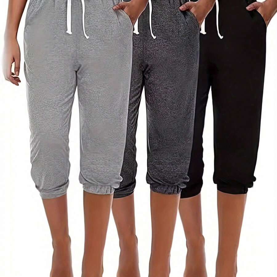 3pcs Women's Solid Color Harem Jogger Pants With Drawstring Waist & Slant Pocket - Medium-Stretch Casual Pants Suitable For Spring/Fall,, Lounge, Casual Attire - 3pcs Pack - 黑色+淺灰色+深灰色 - 查看 1
