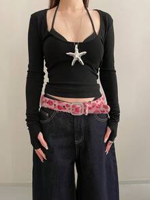 1pc Pink PU Leopard Print Rhinestone Embellished Versatile Waist Belt For Women - Pink - View 2