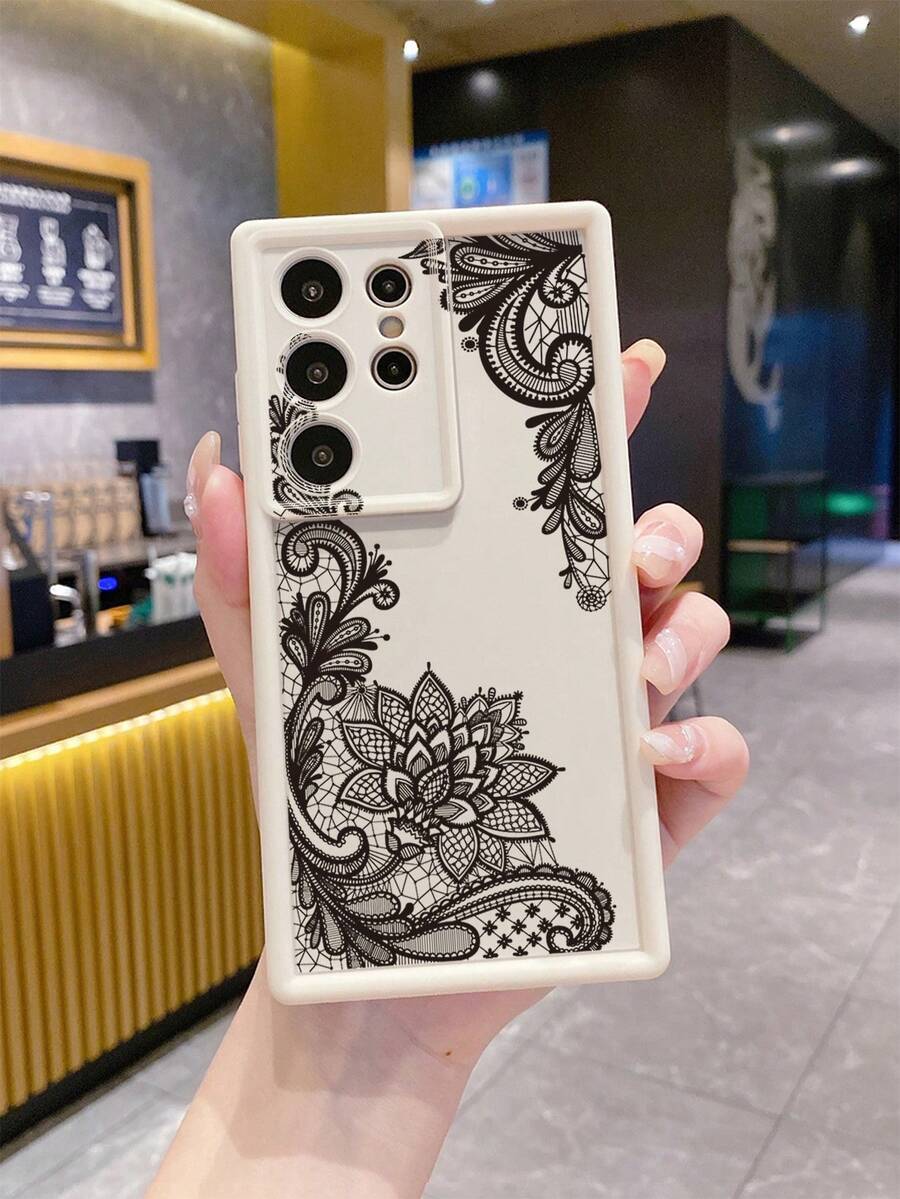 1pc Black Mandala Flower UV Printed Anti-Drop Phone Case, Compatible With Samsung/Galaxy/Infinix/Redmi/OPPO/VIVO/Realme Android Models - Beige - View 1