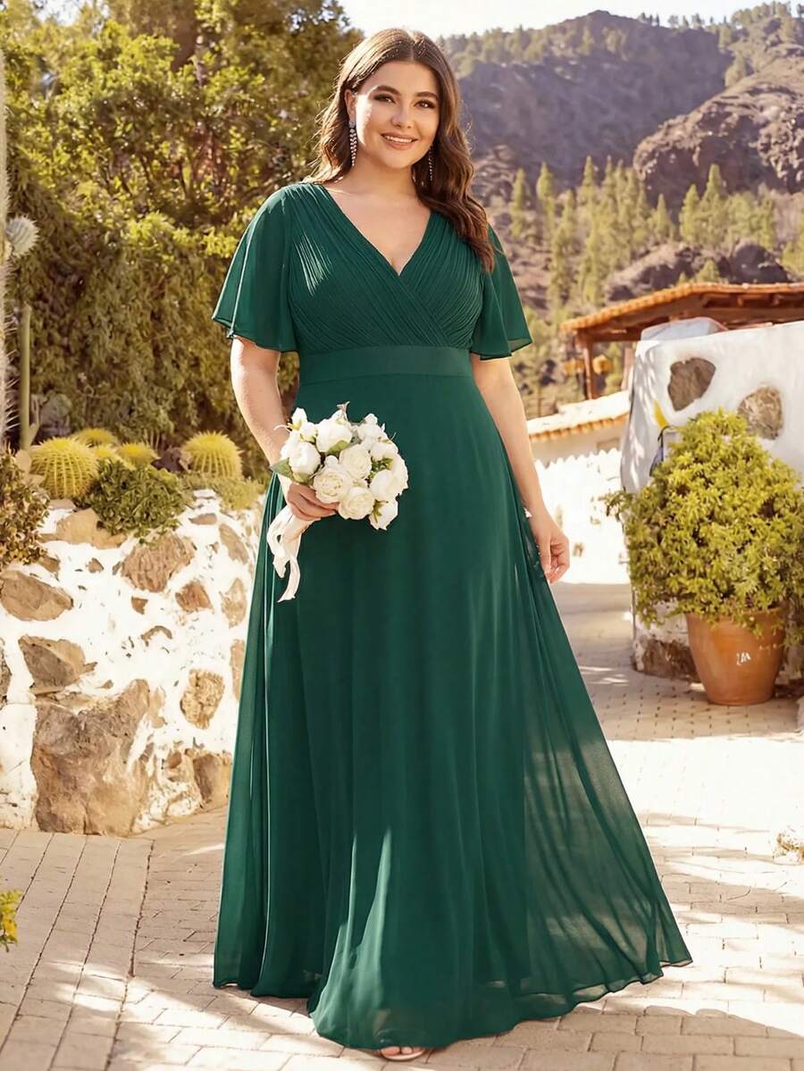 EVERPRETTY Đầm phù dâu cỡ lớn màu xanh đậm thanh lịch cổ chữ V xếp ly ngực, đầm dự tiệc cưới trang trọng.