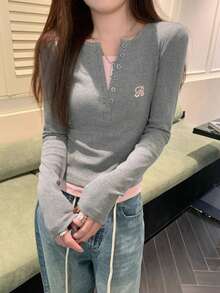 Women's 2 In 1 Contrast Color Fitted Half-Collar Long Sleeve T-Shirt - Grey - View 9