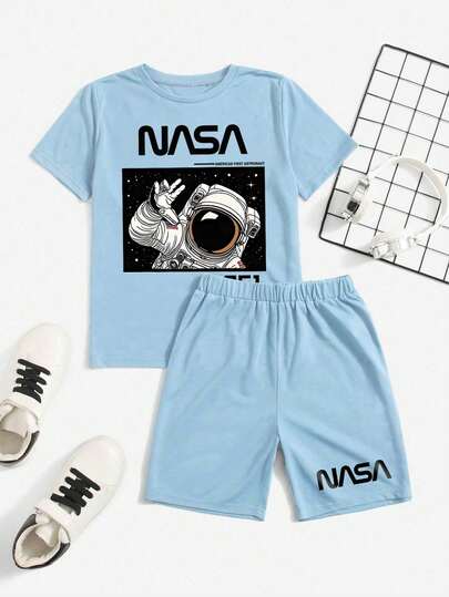 2pcs/Set Young Boy Astronaut Cartoon Letter Print Round Neck Short Sleeve T-Shirt And Shorts Casual Outfit