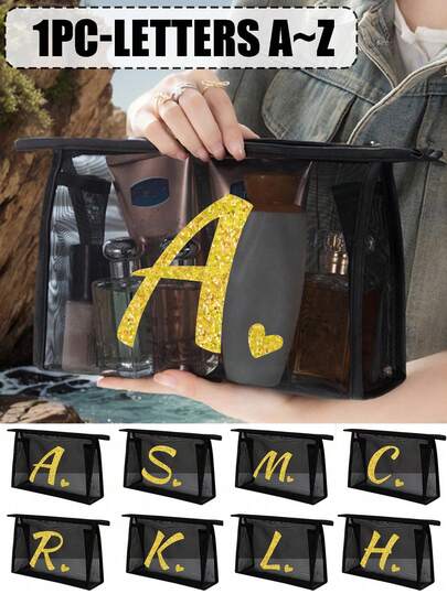 黑色网眼袋，印有闪亮金色字母 A~Z 和心形图案，透明网眼化妆品收纳袋，大容量多功能旅行便携收纳袋，可存放口红、护肤品、洗漱用品等，也可作学生文具袋、网眼拉链袋或旅行化妆品包装收纳袋。