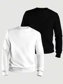 ZUKKER Kit Of 2 Men's Plain Crew Neck Sweatshirts, Flannel Lined Winter Jacket, Unisex Cotton, Immediate Shipping, Various Colors, Ribbed Cuffs - đen/trắng - Xem 1