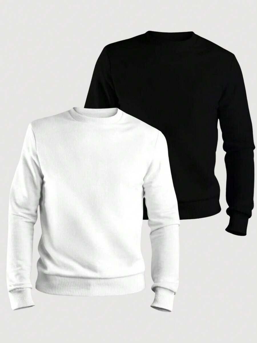 ZUKKER Kit Of 2 Men's Plain Crew Neck Sweatshirts, Flannel Lined Winter Jacket, Unisex Cotton, Immediate Shipping, Various Colors, Ribbed Cuffs - đen/trắng - Xem 1