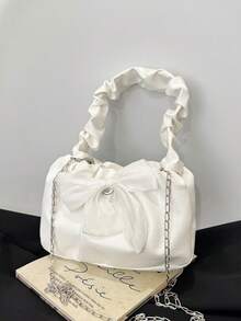 女士蝴蝶结装饰褶皱链条单肩包，适合日常通勤、旅行、购物、休闲外出 - 白色 - 查看 8