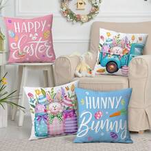 4pcs Easter Farmhouse Style Throw Pillow Covers, "HAPPY Easter, HUNNY Bunny" Cartoon Rabbit & Egg Design, Polyester Fabric Single-Sided Printed Zippered Pillow Shams, Suitable For Porch, Sofa, Living Room, Bedroom Decor, Rustic Aesthetic, 45*45cm (Inner Pillow Not Included) - Multicolor - View 3