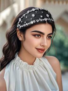 1件简约水钻发箍，时尚巴洛克风格网纱宽檐头饰，适合新娘、婚礼、节日、狂欢派对、约会、休闲场合佩戴 - 黑色 - 查看 8