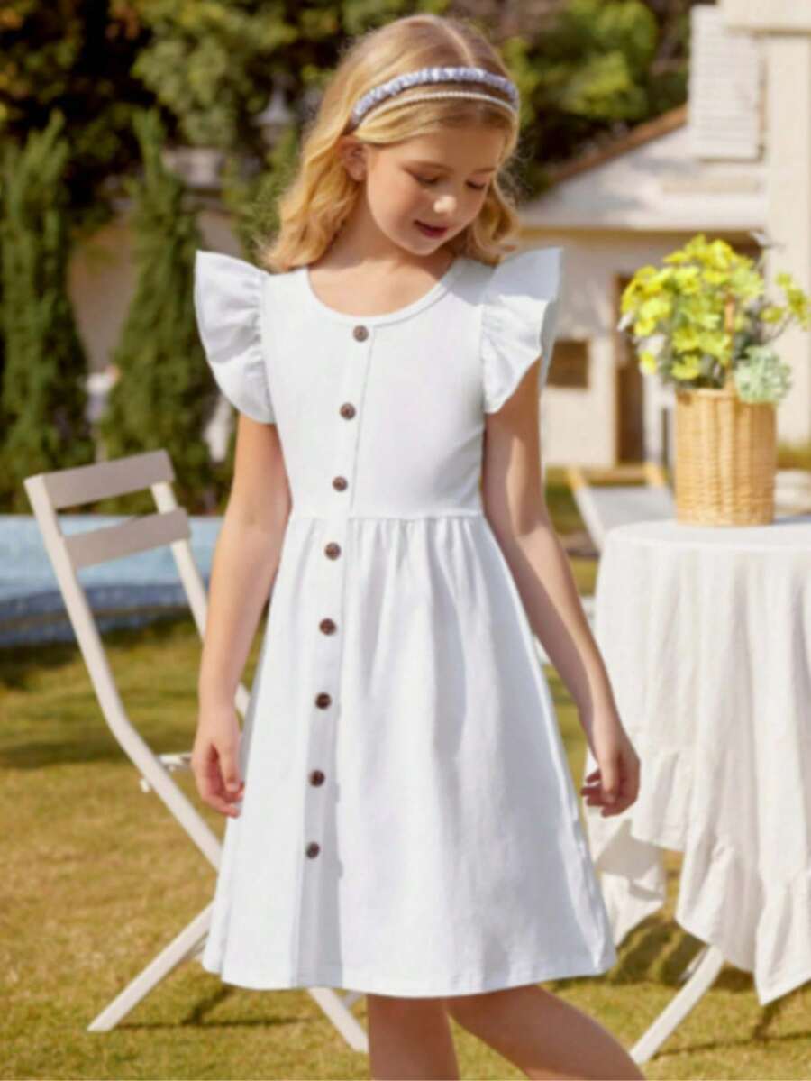 女童夏季连衣裙，喇叭袖，A字型纽扣下摆，休闲中长款，白色，可爱休闲优雅 - 白色 - 查看 1