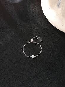 EleRunis 1PC 0.1ct 925 Sterling Silver Classic Moissanite Four Leaf Clover Diamond Chain Engagement Ring 18K Gold Plated Promise Wedding Ring For Women Mom Dad Daughter Loved Mother's Day Jewelry Gifts - Silver - View 4