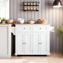 Carro de Isla de Cocina con Almacenamiento, Encimera de Madera con Ruedas, Cajón y Armario de Almacenamiento, Móvil para Cocina - Blanco - Ver 4