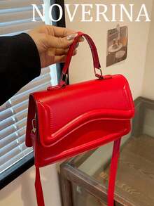 Minimalist Flap Square Bag Neon Red Funky,New Fashion Women Red Solid Color PU Leather Small Square Handbag, Simple And Stylish, Suitable For Going Out, Versatile And With Detachable And Adjustable Shoulder Strap,Vibrant Red Structured Top Handle Crossbody Bag For Women, Modern Wavy Stitch Detail Faux Leather Shoulder Purse With Detachable Strap & Secure Closure, Stylish Statement Handbag For Date Night/Party/Brunch Outfits, Bold Color Compact Satchel, US-Based Fast Delivery - Đỏ - Xem 7